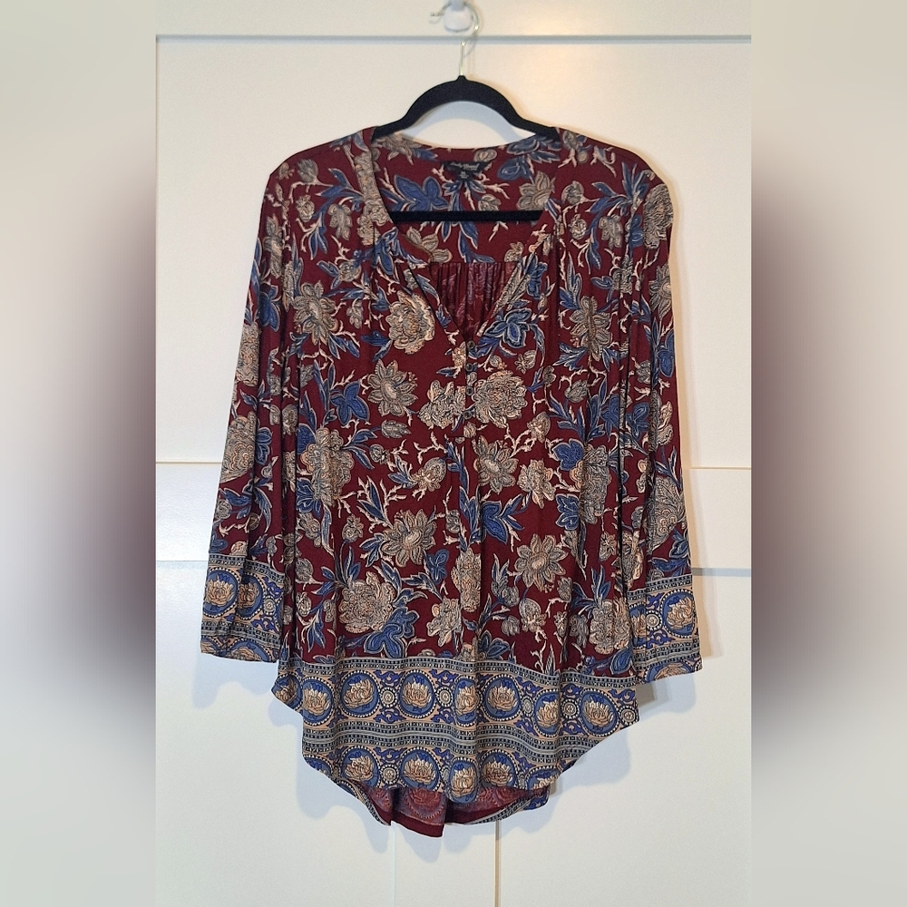 Lucky Brand Viscose Hi Low Floral Paisley Popover Blouse Top Maroon Blue Size XL